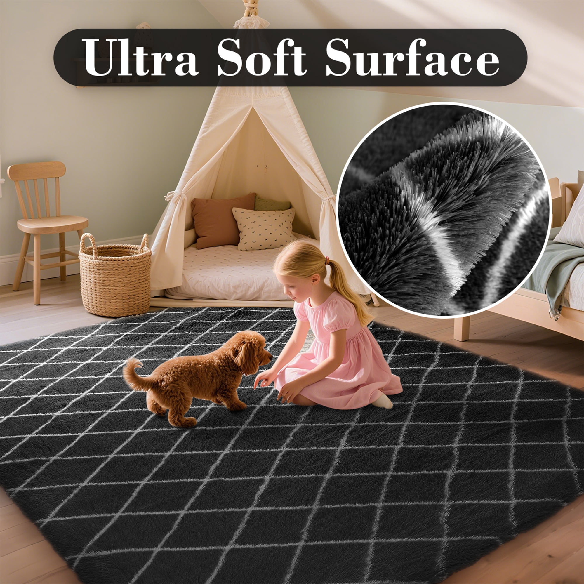 CozyDesg Shag Area Rugs,5'x7' Soft Fluffy Shaggy Carpet for Living Room,Large Rug for Bedroom Dining Room Home Decor Room Decor,Black & White