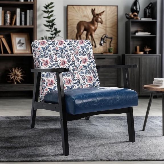 HomeMiYN Mid Century Modern Accent Chair with Wooden Frame, Faux Leather Reading Armchair for Living Room, Floral Print Faux Linen Back, Blue