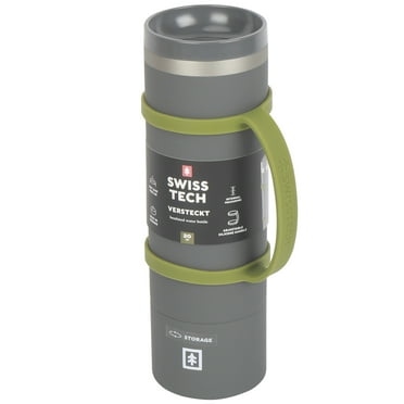 Swiss Tech Stainless Steel Insulated 360 Sip Water Bottle with Leakproof Lid, Silicone Handle and Hidden Storage Compartment, 20oz, Soft Touch Grey