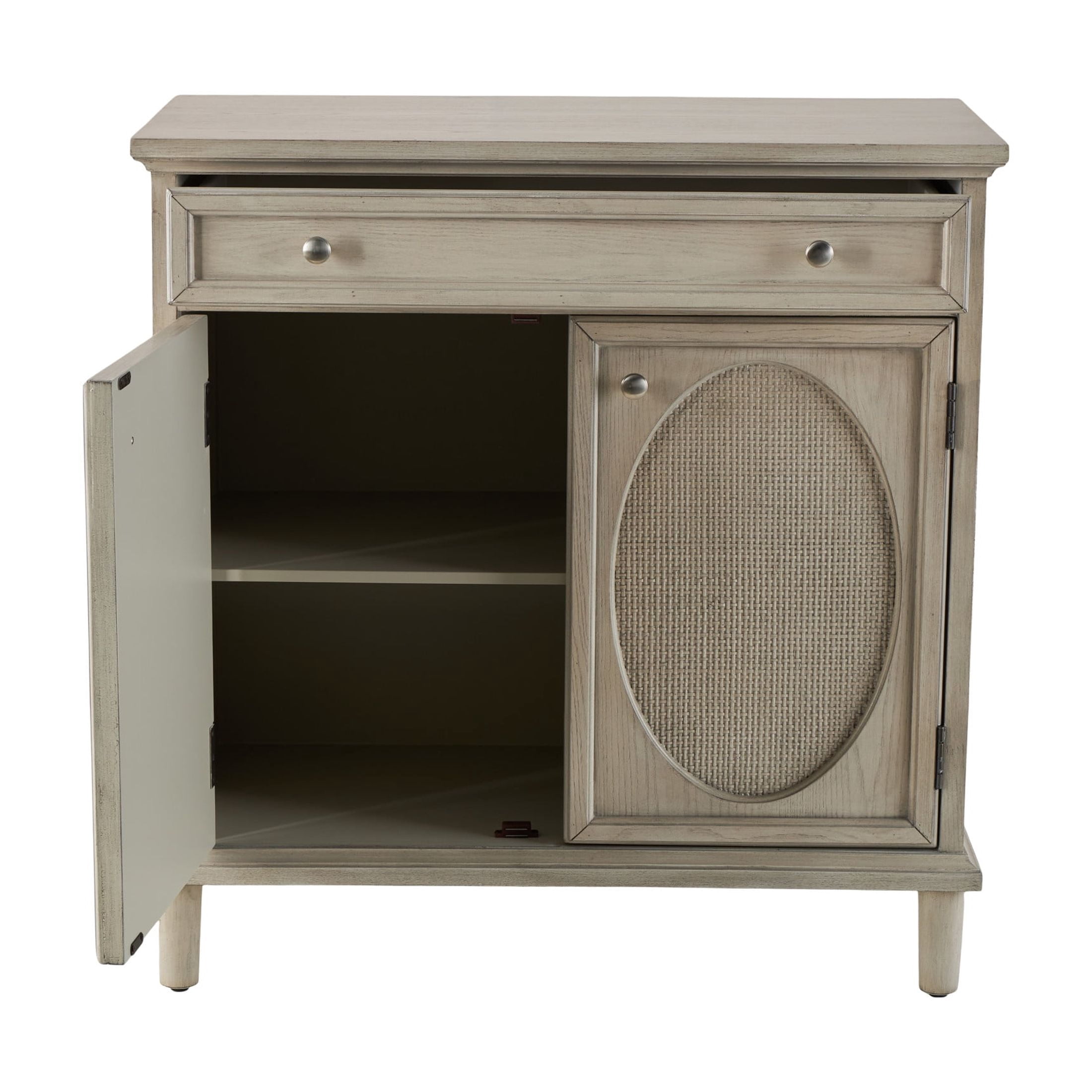 DecMode 34" x 35" Light Gray Wooden Oval Rattan Front 2 Door and 1 Drawer Geometric Cabinet, 1-Piece