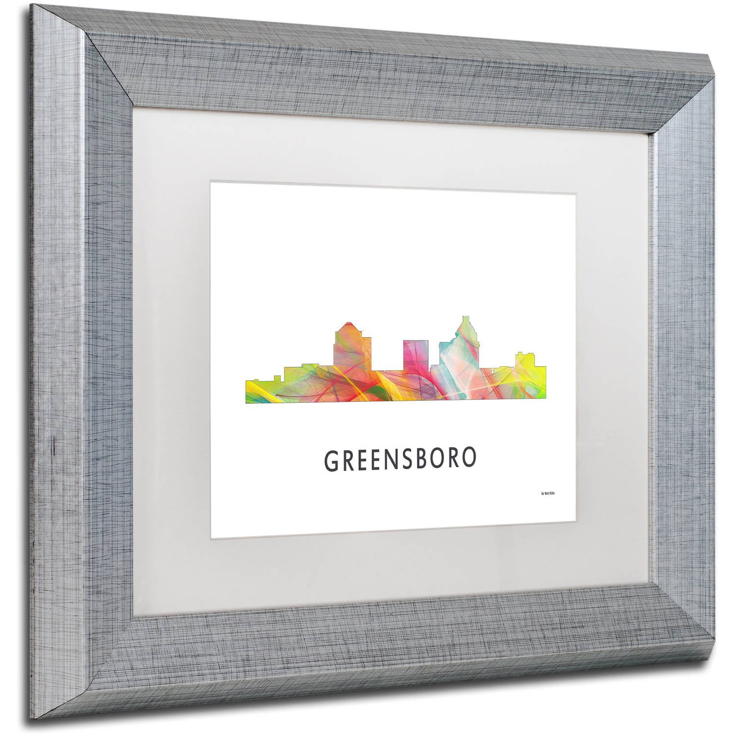 Trademark Fine Art 'Greensboro NC Skyline WB-1' Canvas Art by Marlene Watson, White Matte, Silver Frame