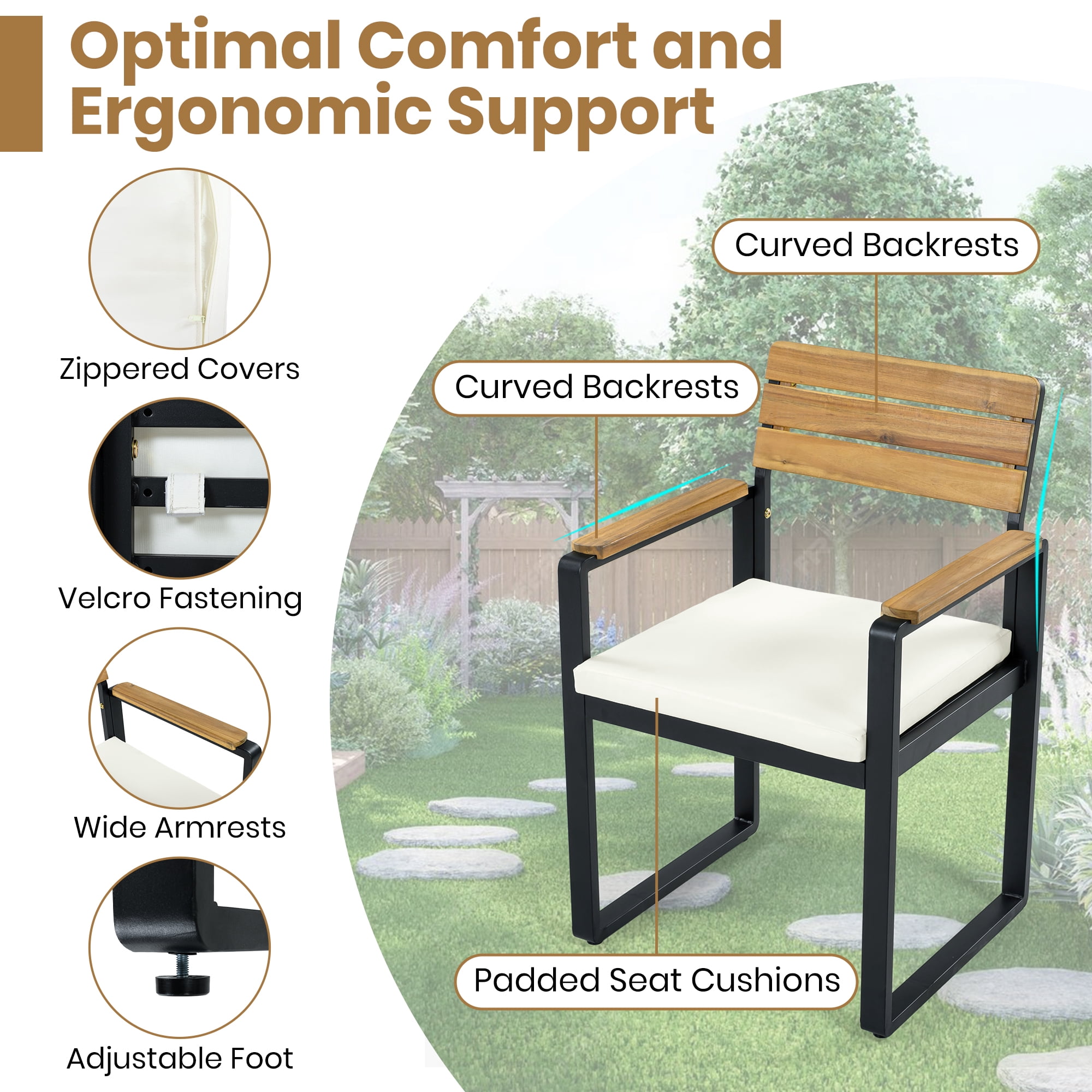 Mintazer 6-Piece Patio Dining Set with Table, 4 Chairs & Bench, Outdoor Dining Set with Adjustable Feet & Cushions for Patio Garden Balcony Backyard, Natural & Beige