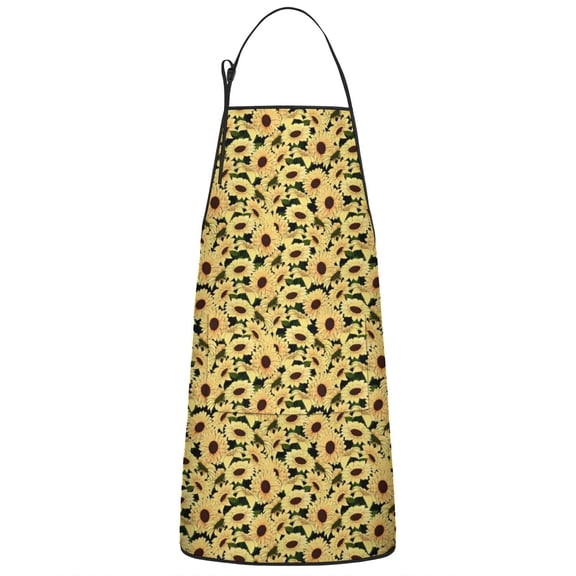 Yellow Sunflower Pattern Apron-Garden Aprons for Women with Pockets-Cotton Linen Waterproof Kitchen Cooking Gardening Aprons Adjustable for Kitchen,Cooking,BBQ and Salon 33x27 Inch