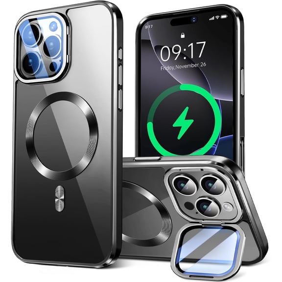 JETeacka Magnetic Case for iPhone 16 Pro Max with Camera Stand Lens Protection Cover Mil-Grade Protection Anti-Yellowing, Black