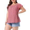 thumbnail image 4 of Agnes Orinda Women's Plus Size Floral Tops Round Neck Flare Short Sleeves Casual Spring Summer Blouse 2X Dark Red, 4 of 6