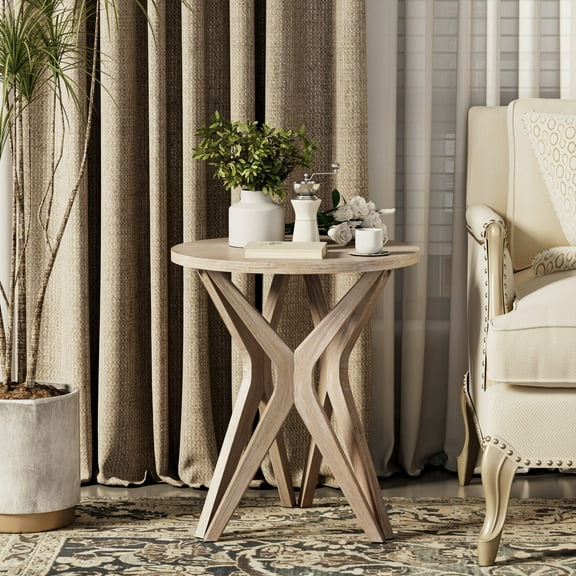 COZAYH Pedestal Farmhouse End Table, Distressed Light Wood Top with Tripod Base for Modern Farmhouse, Boho Decor, Round