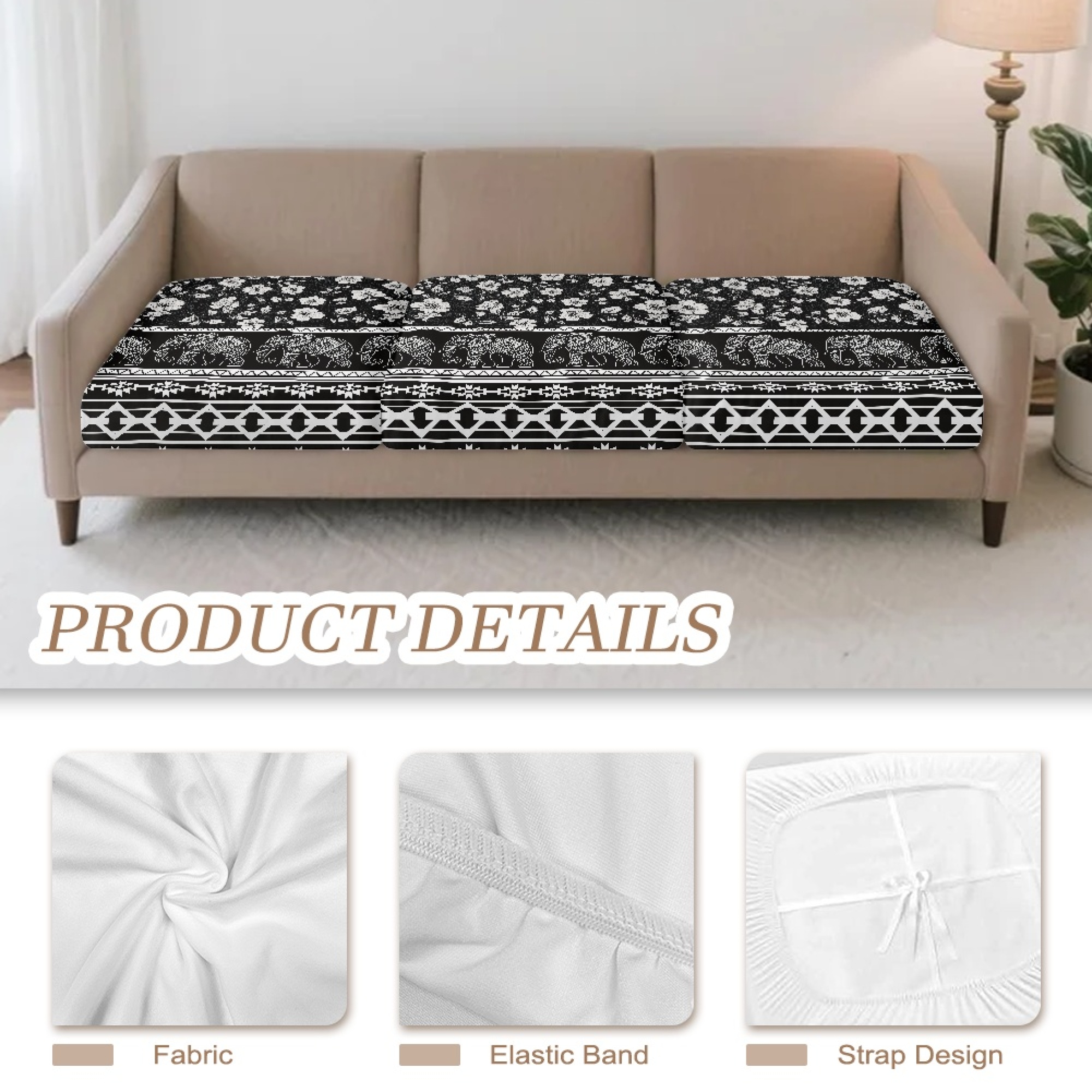 TSOVTHRID Aztec Elephant Floral Print Couch Cushion Covers for 3 Cushion Sofa Luxury Anti Slip Couch Cover 3 Pieces Stretch Furniture Protector for Dogs, Easy Install, 24x24 Inch