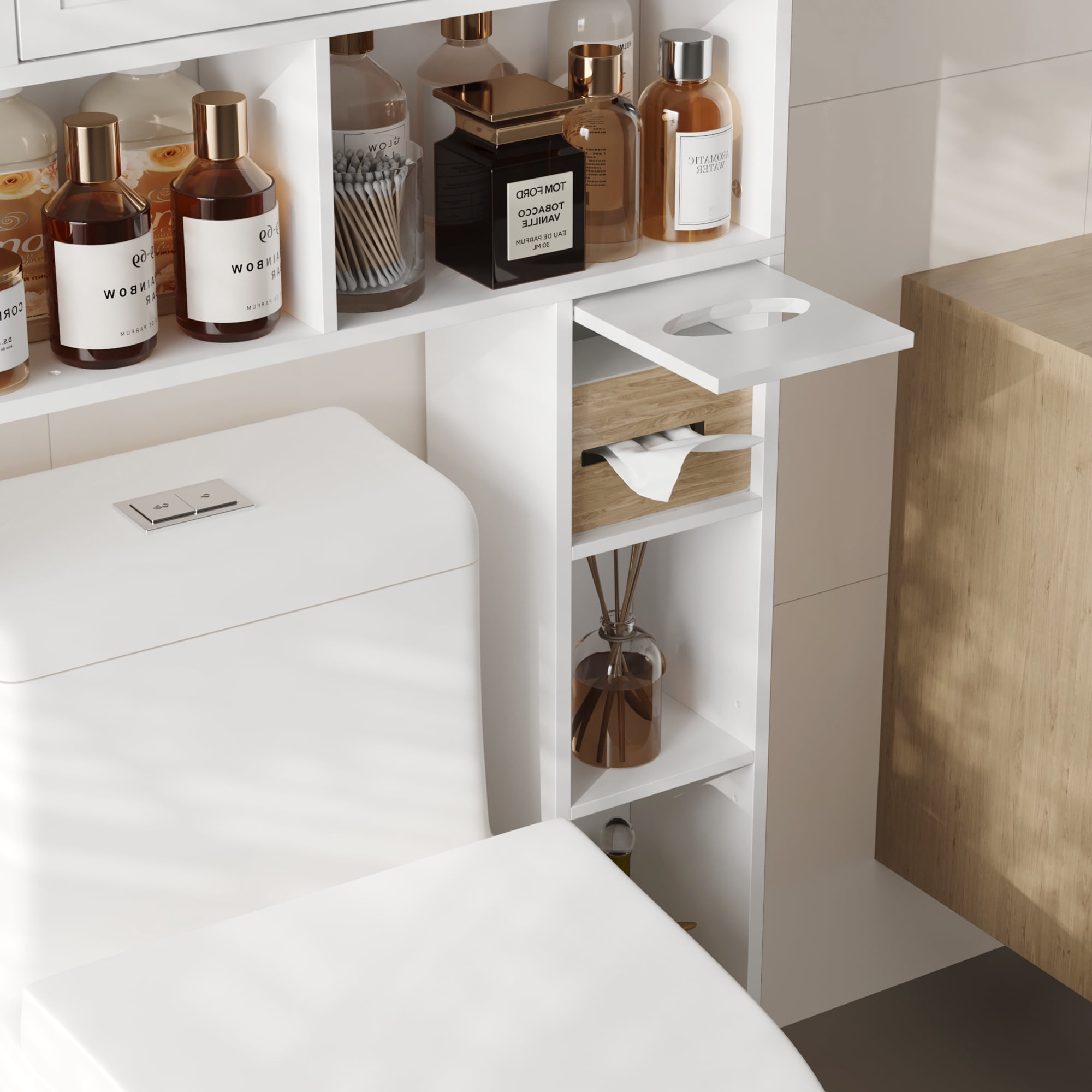 DIYART 67.8" H Over The Toilet Storage Cabinet with Adjustable Shelves & Toilet Paper Holder, Farmhouse Over Toilet Bathroom Organizer, Double Door Toilet Cabinet for Bathroom, and Laundry, White