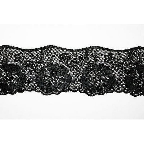 Lily 2.25" Black Netted Tulle Scalloped Lace Trim Floral Embroidery By Yardage