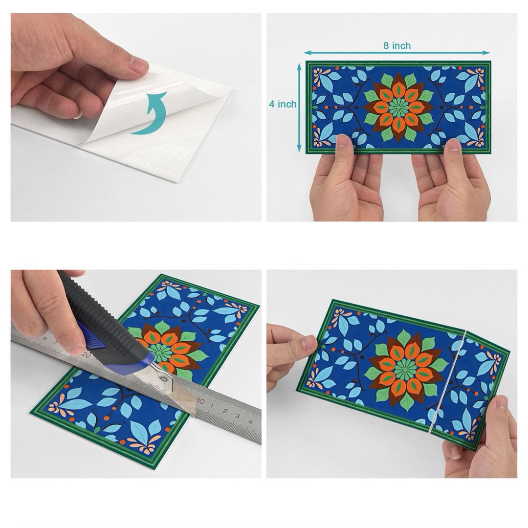16Pcs Foaming Board Vinyl Tiles Stickers Wall Decals 8" x 4" Waterproof Peel and Stick Backsplash Blue Green Orange Flowers Pattern Mural