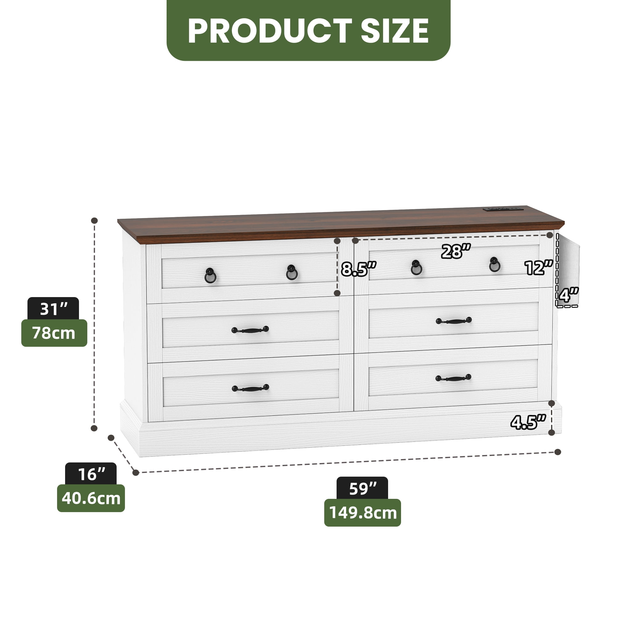 Uforic 6-Drawer Double Dresser with Power Outlets, Horizontal Wood Chest of Drawer, White