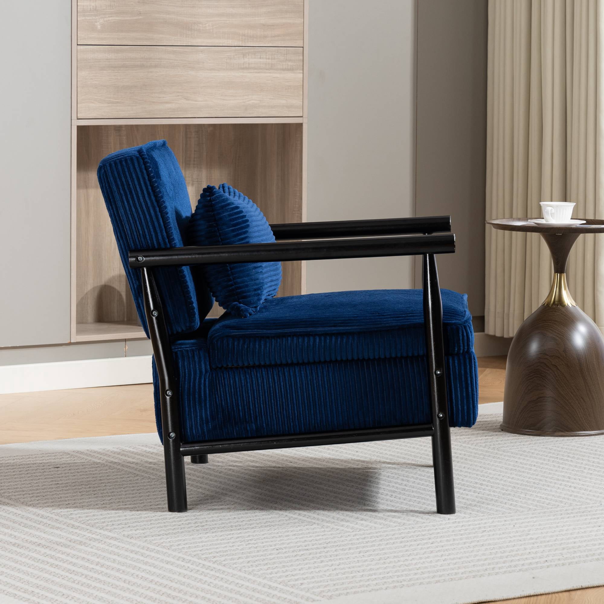 Mid-Century Accent Chair with Storage, Modern Comfy Reading Armchair with Lumbar Pillow for Living Room, Blue