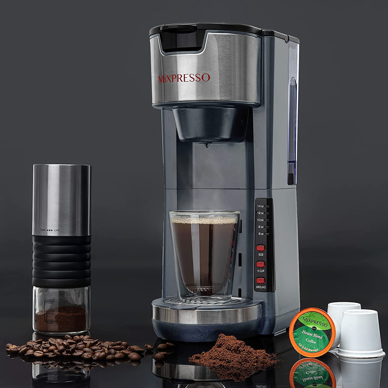 Mixpresso Single Serve Coffee Brewer K-Cup Pods Compatible & Ground Coffee 30 oz (Grey)