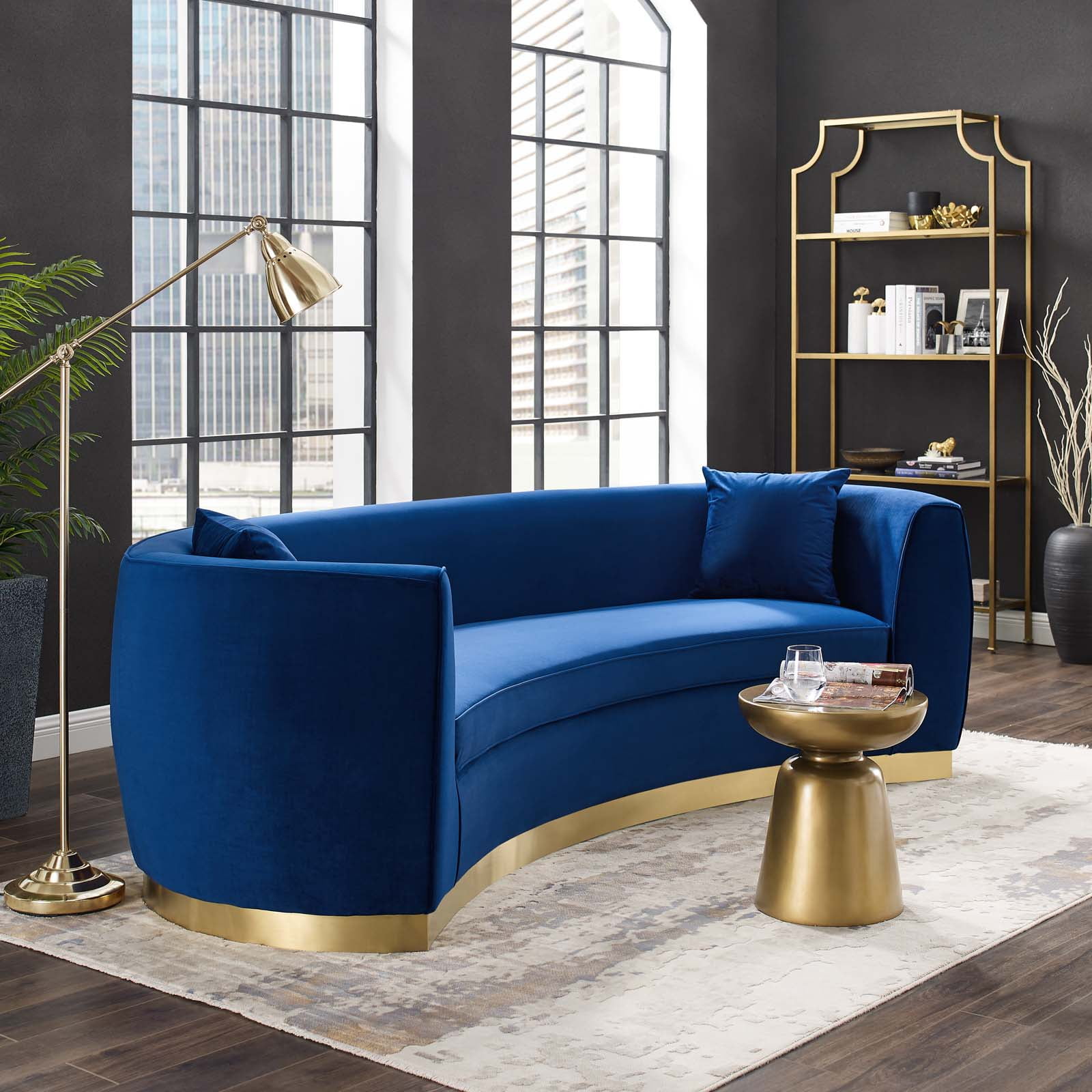 Resolute Curved Performance Velvet Sofa in Navy
