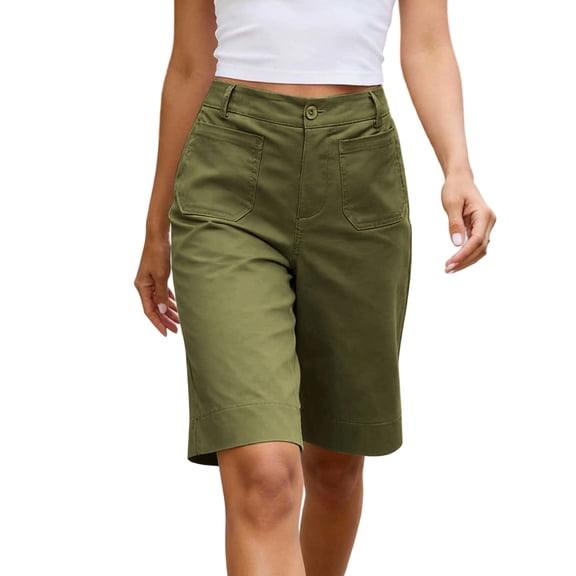 SwiftWear Women's Bermuda Shorts High Waisted Stretch Elastic Waist Pockets Knee Length Work Casual Dressy Summer Trousers for Office Daily