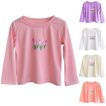 Kids Shirts for 2-12 Years Long Sleeve Crew Neck Printed Blouses Tops Children Girls' Casual Loose Undershirts Autumn Pullover Sweatshirt T-Shirt Pink