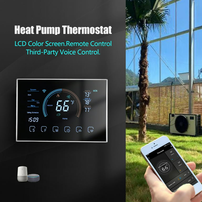 WiFi Smart Heat Pump Room Thermostat Temperature Controller 4.8 Inch Color  LCD Screen Programmable Touch Control/ Mobile APP/ Voice Control Compatible