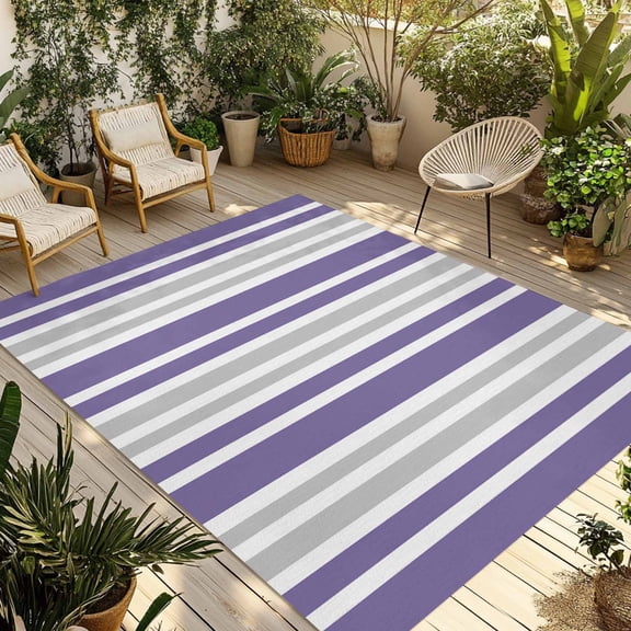 Purple Stripes Outdoor Area Rug 5x8ft Decorative Indoor Outdoor Rug Grey Vertical Striped Lines Patio Area Rug for Porch, Deck, Balcony, Entryway, Camping & RV