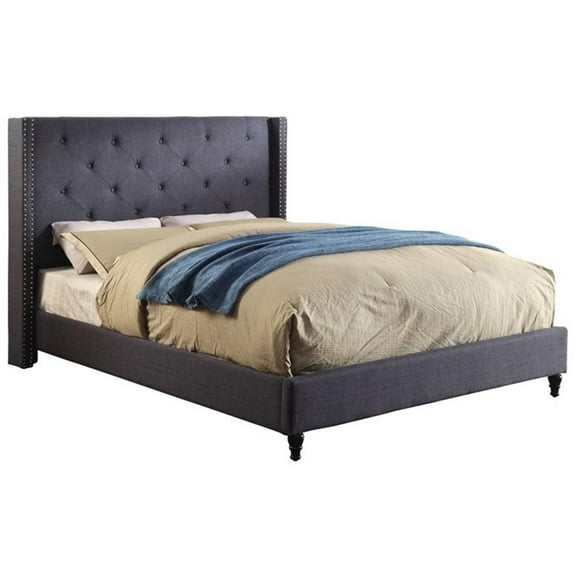 Bowery Hill Transitional Fabric Wingback Queen Bed with Wood Legs in Blue