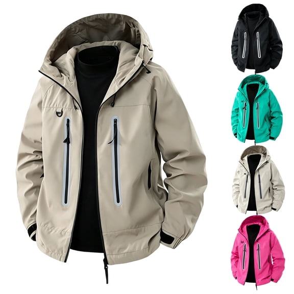 Men's Softshell Hooded Rain Jacket, Lightweight Loose Windproof Waterproof Windbreaker with Zipper Pockets & Adjustable Cuffs, Outdoor Jacket for Hiking Camping Mountaineering Khaki