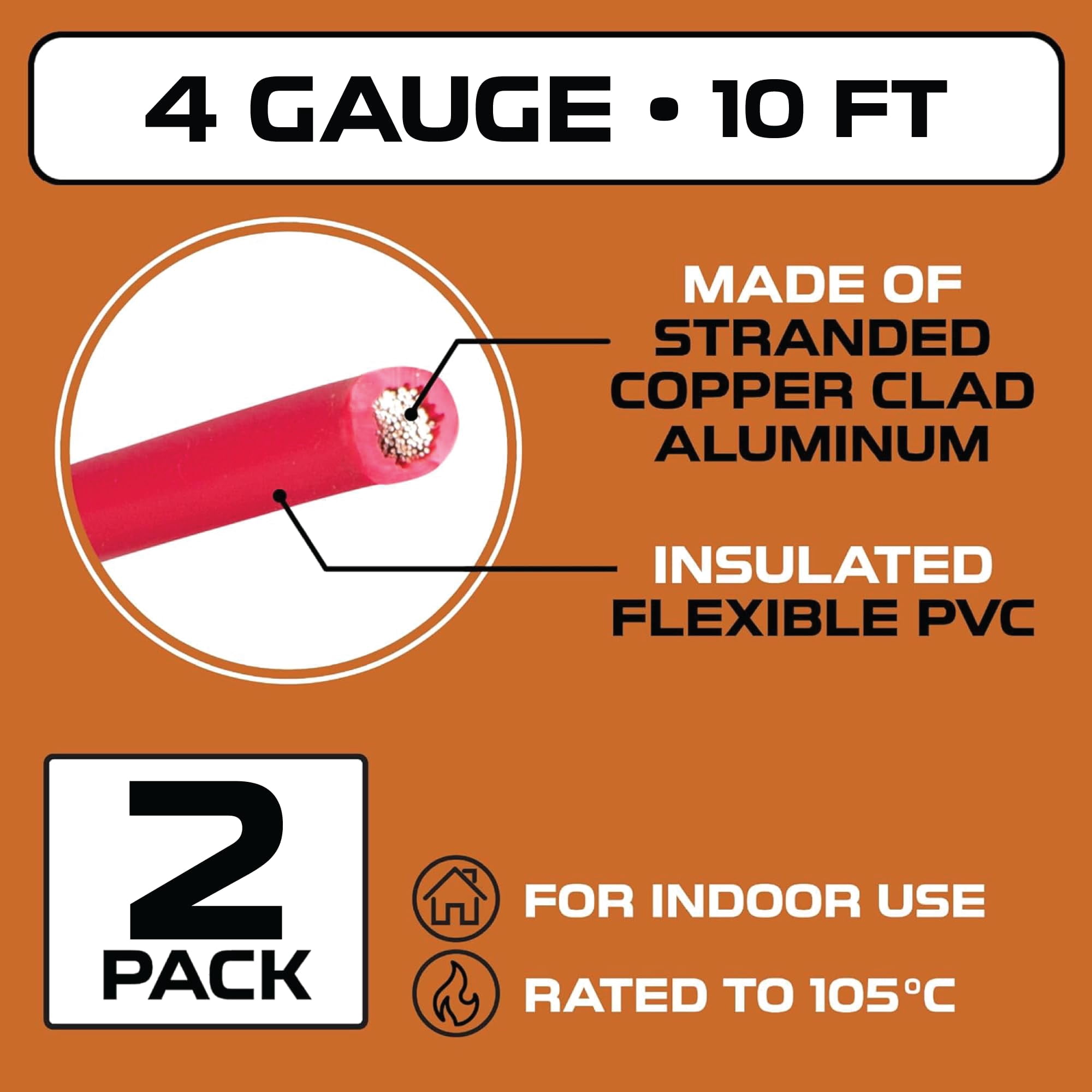 Iron Forge Cable 4 Gauge Wire - 2 Pack 10ft Copper Clad Aluminum Primary Cable 4 AWG Heavy Duty with Wire Lug Terminal Connectors and Heat Shrink Tube