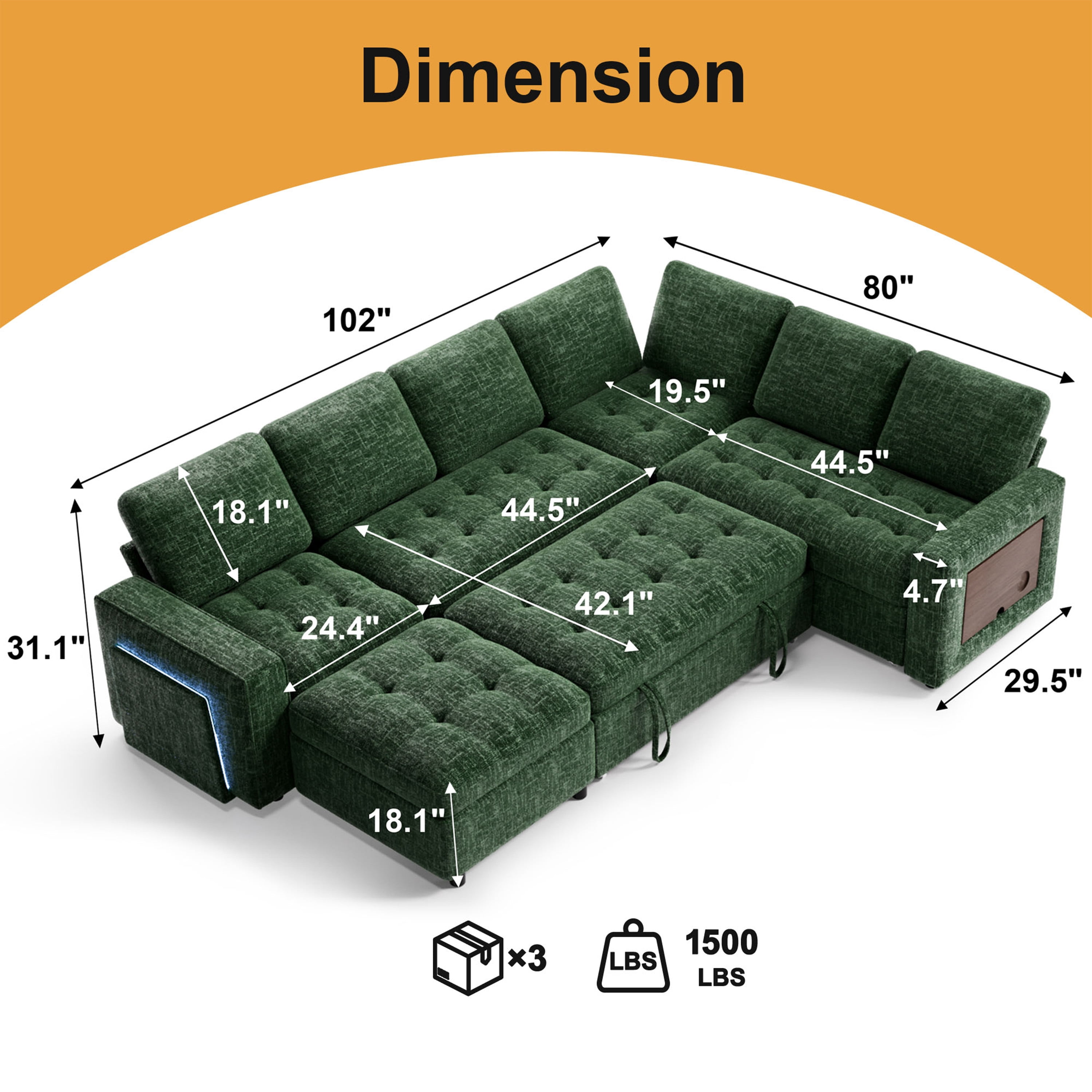 7-Seat Modular Sectional Sofa with Pull-Out Bed, Reclining Backrest, USB Ports, Table, LED Lights & Storage Seats – Tool-Free Assembly, Comfortable Living Room Furniture Green