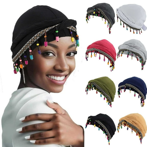 Nmnitkp Turban Head Wraps for Women Skull Cap Turban Pre-Tied Tassels Men Satin Lined Turban Hat with Fringe Twisted Tail Black