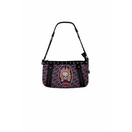 Ed Hardy Women’s Rebel Skull Flame Shoulder Bag – Pink & Black Logo Print Studded Chain Purse