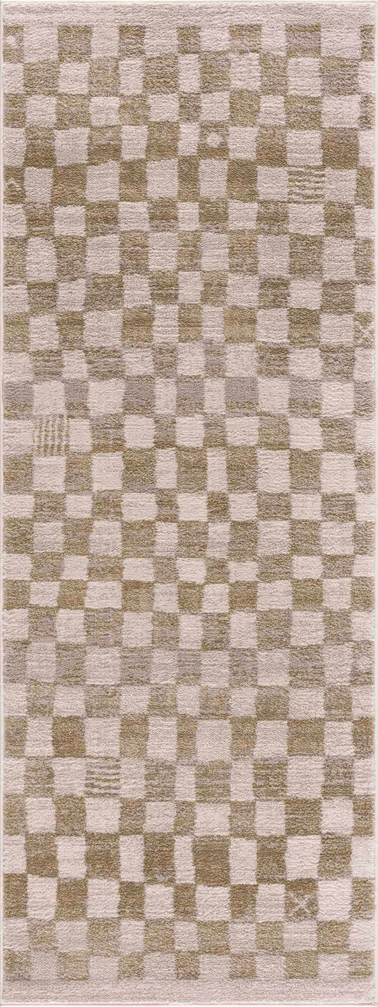 Hauteloom Pertek Modern Checkered Runner Rug - Modern Geometric Carpet for Hallway, Kids Room, Nursery - Bohemian Boho Carpet - Cream, Gold - 2'7" x 10'