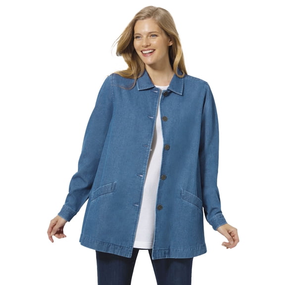 Woman Within Pleat-Back Denim Jacket Long Oversized Jean Coat
