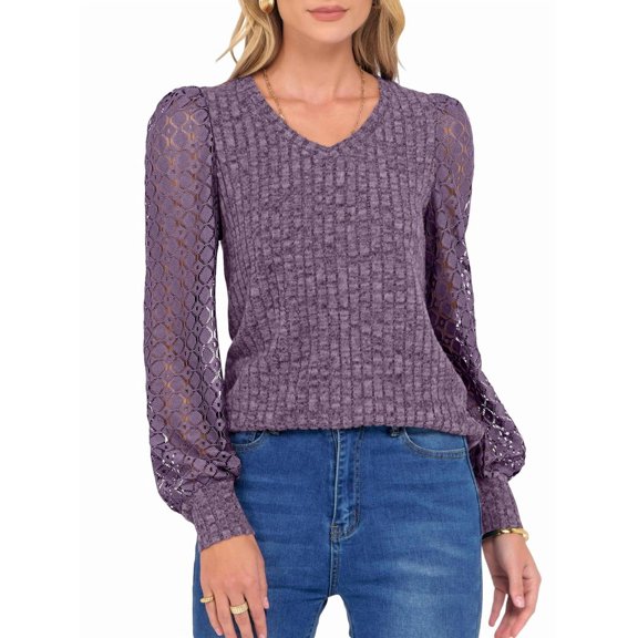 Women Long Sleeve Fall Lace Tops 2025 Fashion V Neck Sweaters Dressy Casual Winter Trendy Outfit XXL