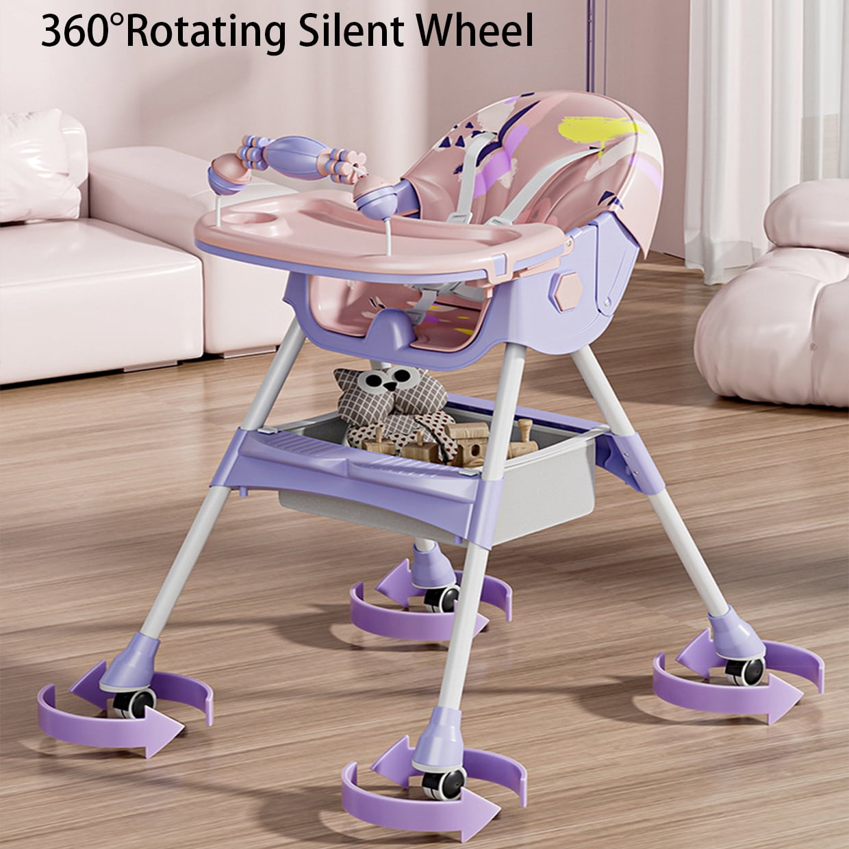 JieC Baby High Chair, 4 in 1 Convertible Highchair for Babies & Toddlers, Double Tray Dining Chair with 5-Point Harness & Silent Wheel,Pink Purple