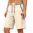 thumbnail image 2 of Sheghy Cotton Shorts for Women 100%Cotton Women Spring Autumn Solid Elastic Waist Cotton Linen All-Match Straight Casual Shorts Khaki M, 2 of 6