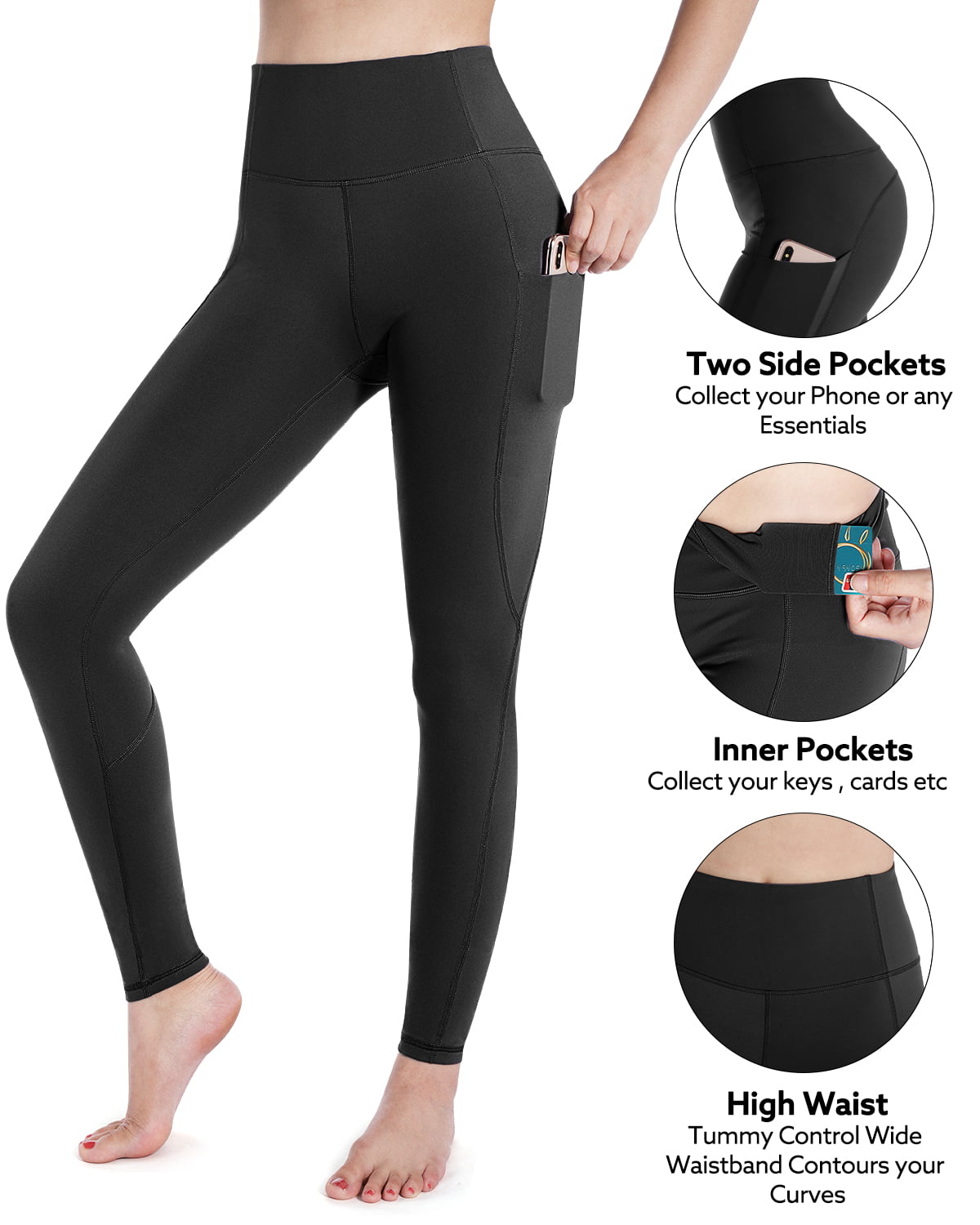 Womens High Waist Yoga Pants with Side Pockets & Inner Pocket Tummy Control Workout Running 4-Way Stretch Sports Leggings