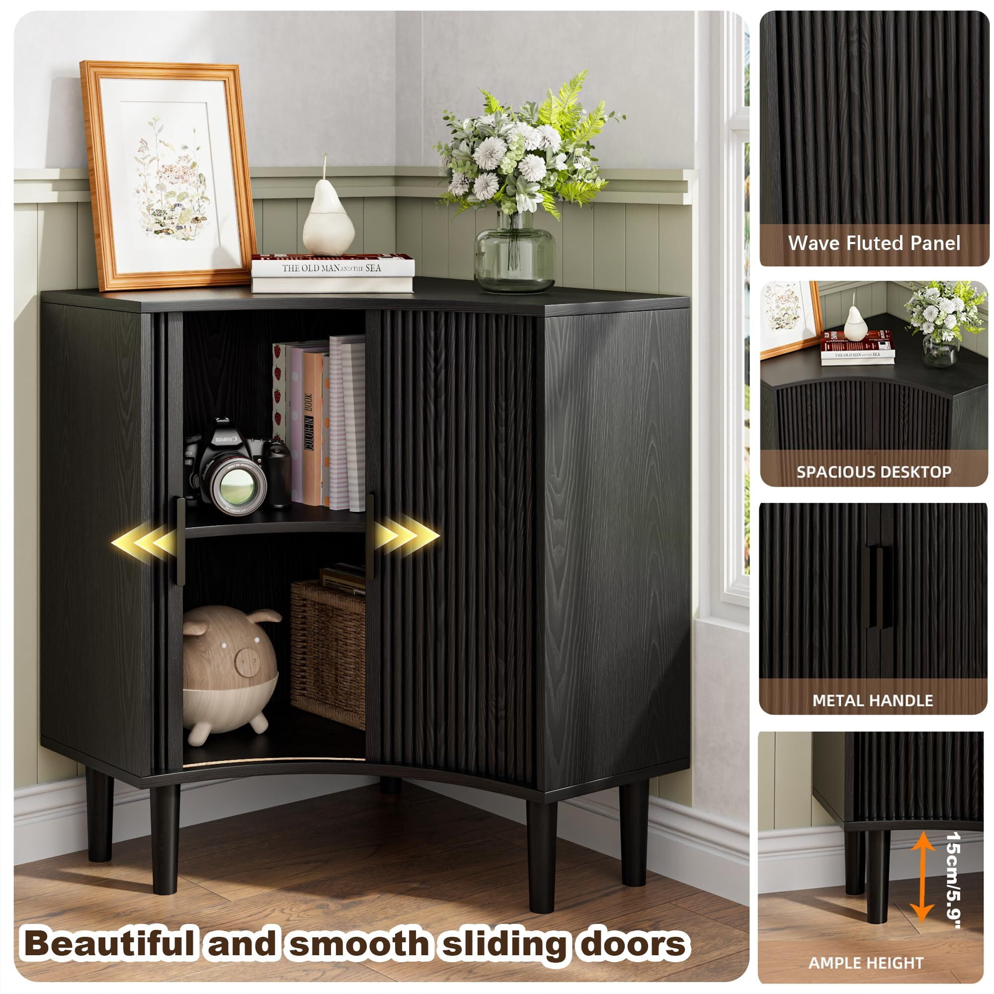 Fluted Corner Cabinet, Small Floor Storage with Sliding Doors & Adjustable Shelves, Modern Wooden Narrow Organizer, Black