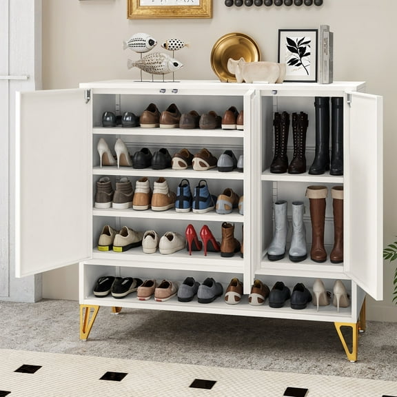 DEXTRUS Shoe Storage Cabinet with 3 Compartments, Metal Shoe Rack with Adjustable Shelves, White