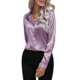 thumbnail image 2 of Satin Blouses for Women Casual Long Sleeve Button Down Shirts Dressy Business Work Tunic Top Purple L, 2 of 9