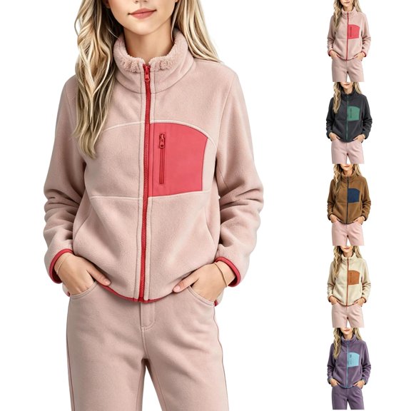Girls Zip Up Colorblock Fleece Jacket Contrast Pocket Coat Soft Winter Outerwear