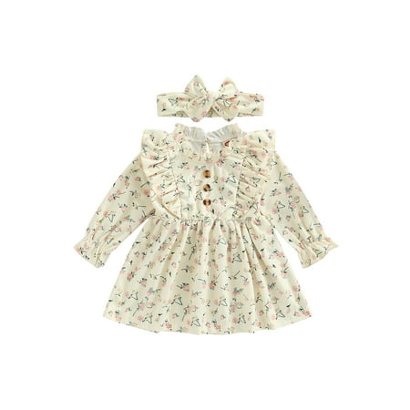 

Bagilaanoe Toddler Baby Girl Corduroy Dress Long Sleeve Fall Autumn Floral A-Line Dress and Headband 6 12 18 24 Months 3T 4T