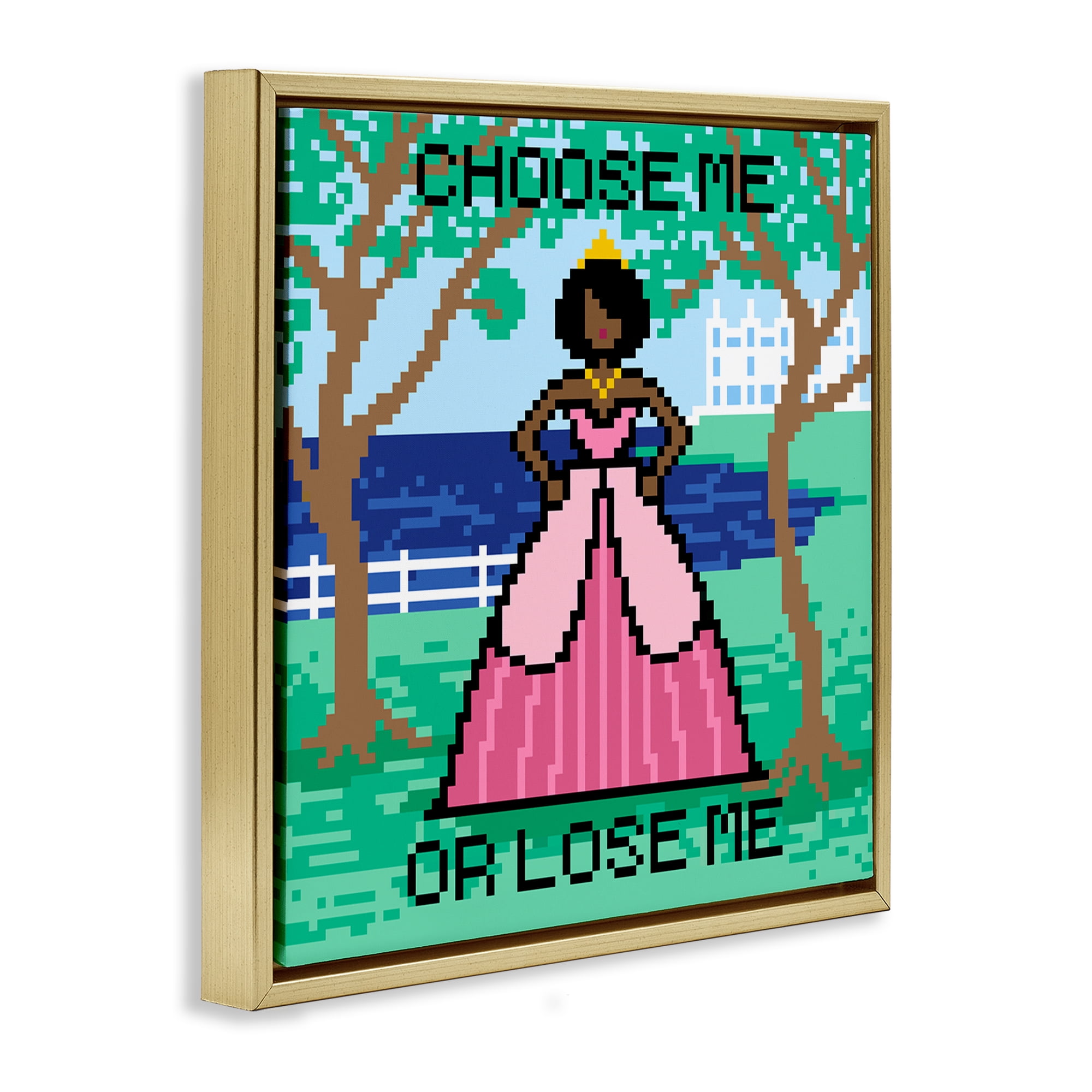 Stupell Industries Choose Me Pixel Princess People Painting Gold Floater Framed Canvas Art Print Wall Art, 18 x 18