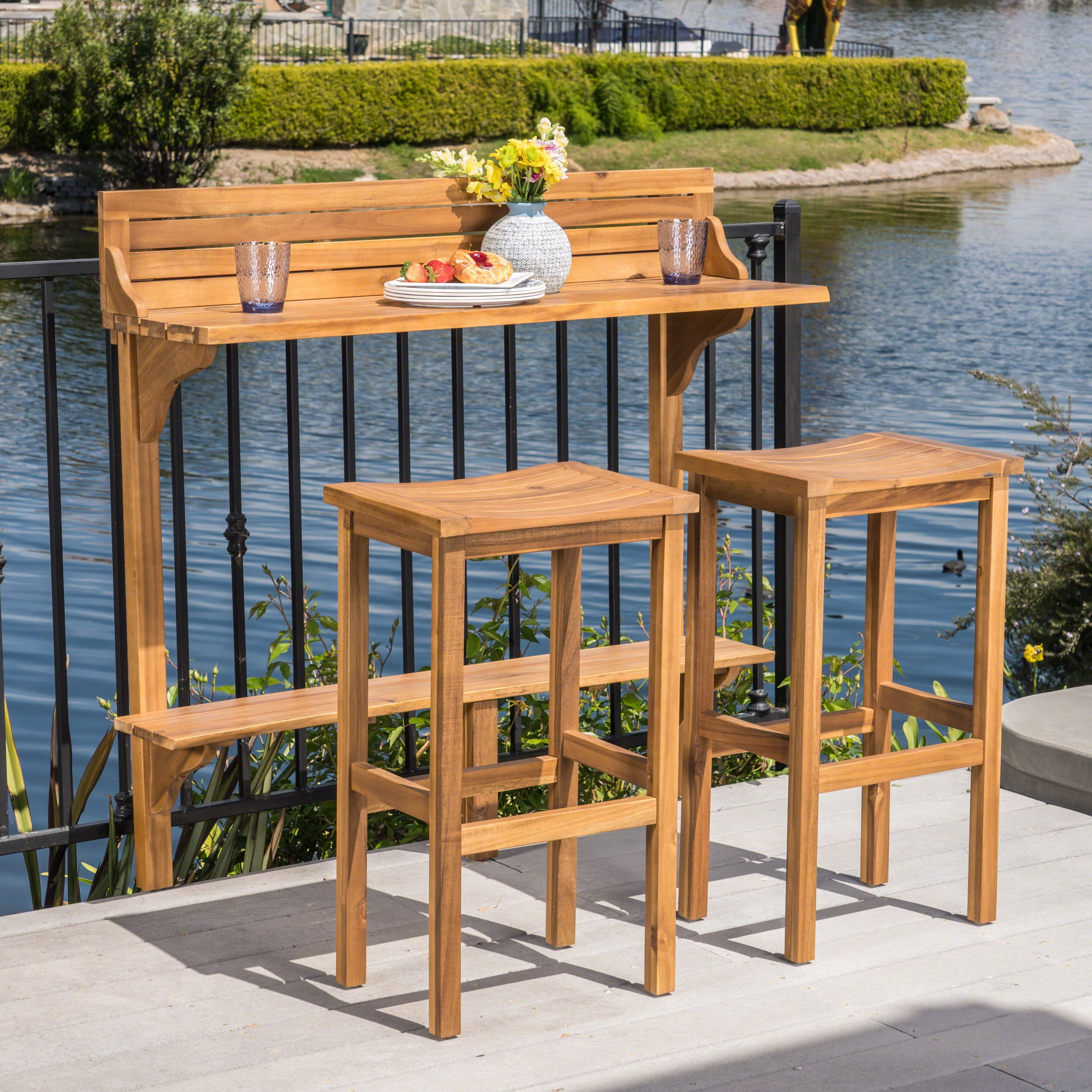 Caribbean Outdoor 3 Piece Acacia Wood Balcony Bar Set, Natural Stained