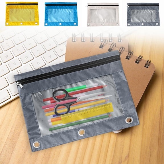 Pencil Case Binder Organizer, Three-hole Mesh Zipper Pouch with Transparent Compartment for Educational and Office Supplies, Large Capacity Stationery Holder, Topliu