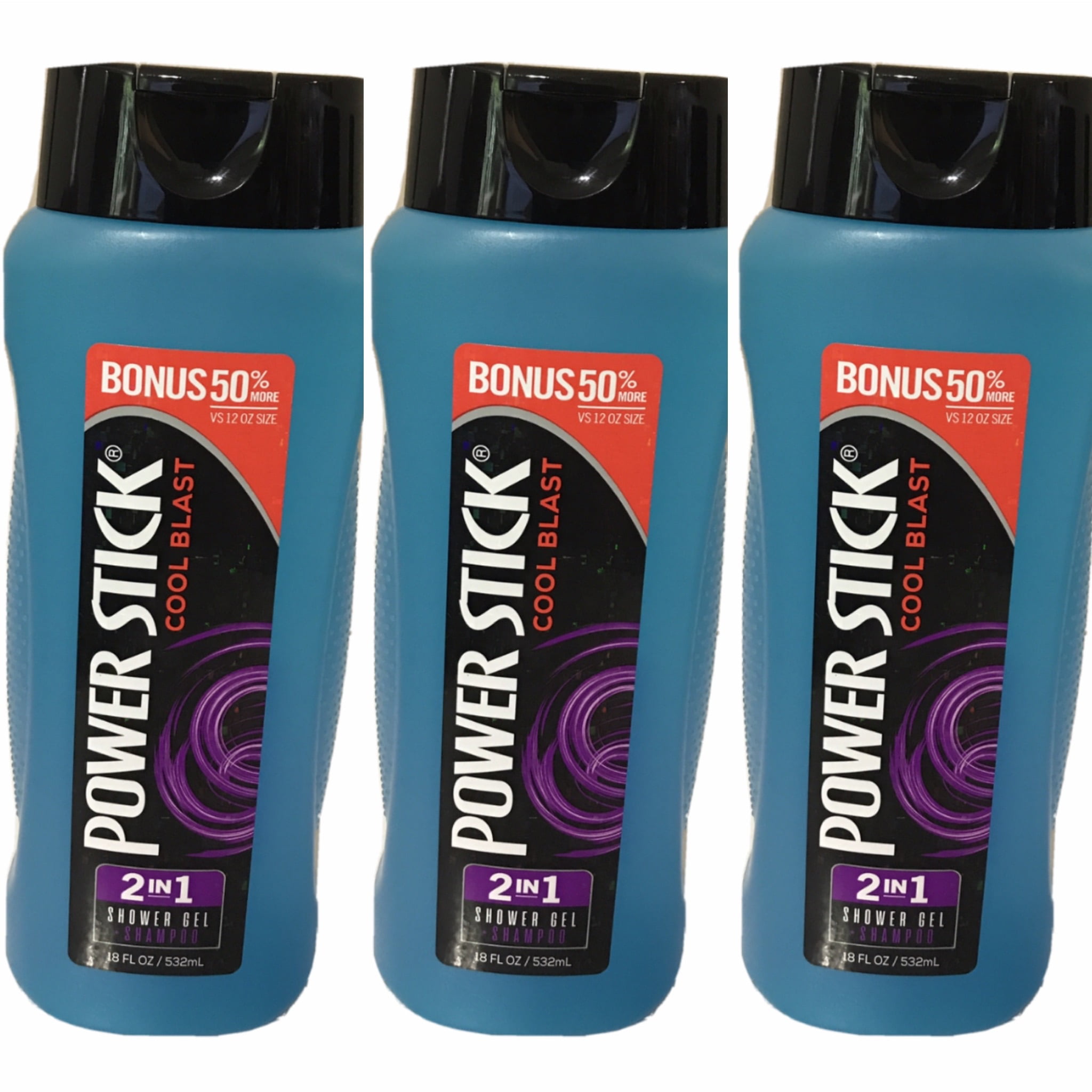 3 Packs Power Stick Cool Blast Shower Gel & Shampoo 2in1 18 oz Each