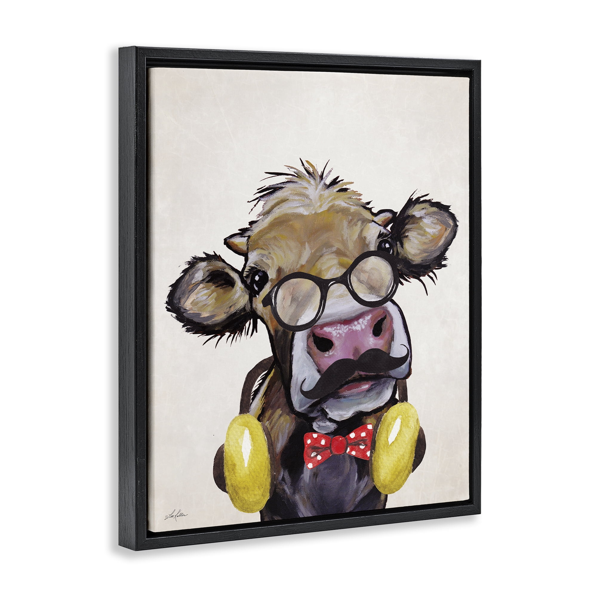 Stupell Industries Hipster Cow & Headphones Animals & Insects Painting Black Floater Framed Canvas Art Print Wall Art, 17 x 21