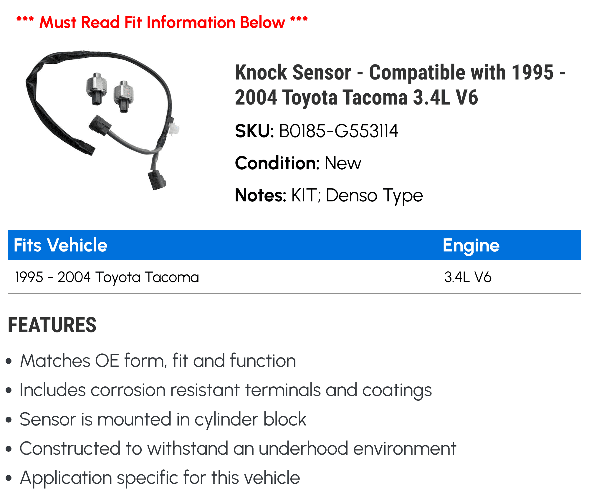 Knock Sensor - Compatible with 1995 - 2004 Toyota Tacoma 3.4L V6 - Beck Arnley