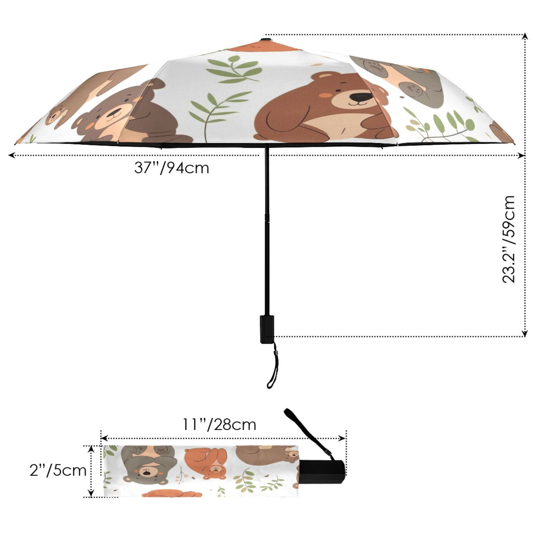 Compact Sun Umbrella Windproof Travel Umbrellas for Rain Strong Portable UV Protection Cute Bears with Leaf