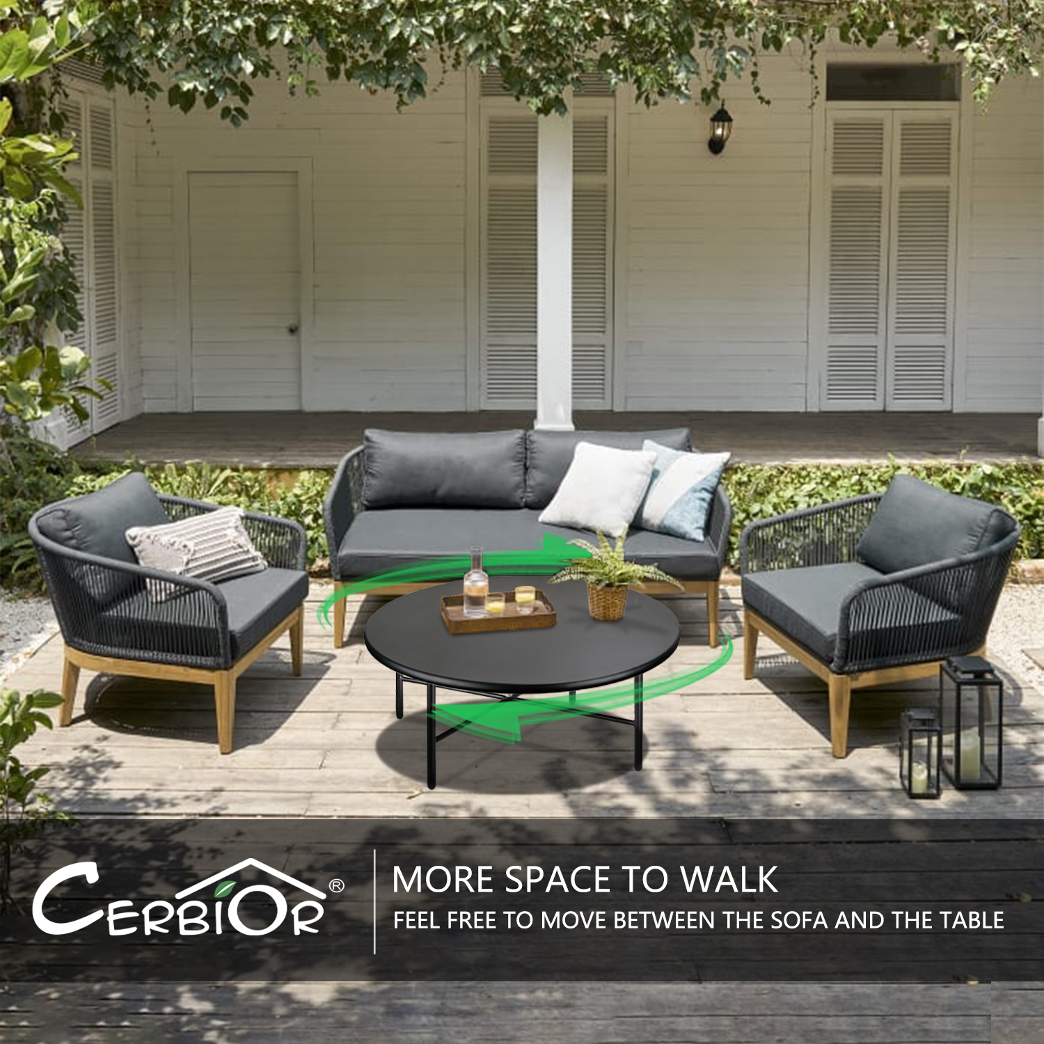 CERBIOR Patio Round Steel Coffee Table, Weather Resistant Anti-Rust and Waterproof Indoor and Outdoor Large Side Table, for Garden Living Room Bedroom Balcony（Black）