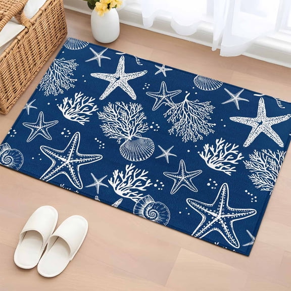 Bathroom Rugs 2x3 Ft, Navy Blue Coastal Non Slip Area Rugs for Kitchen Bedroom Entryway, Nautical Beach Starfish Coral Summer Washable Carpet Runner Rug Floor Mats for Bedroom Home Decor