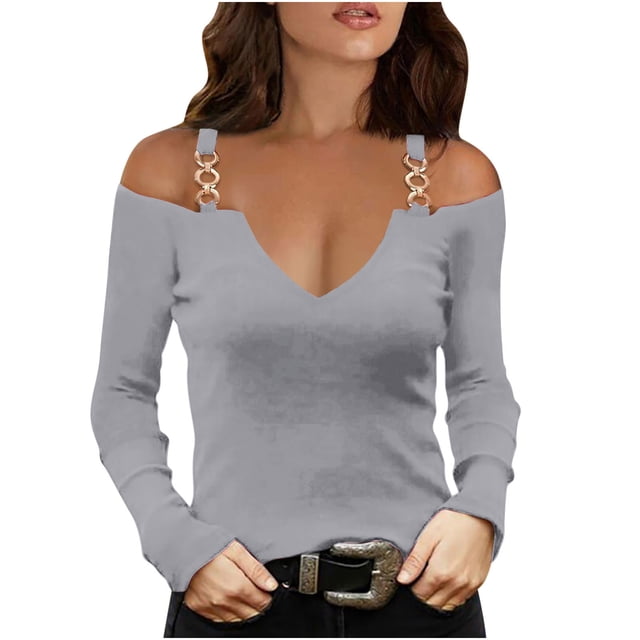 FAIWAD Womens Long Sleeve Cold Shoulder Tops V Neck Hollow Out Strape Blouses Slim Stretch Tunic Tops