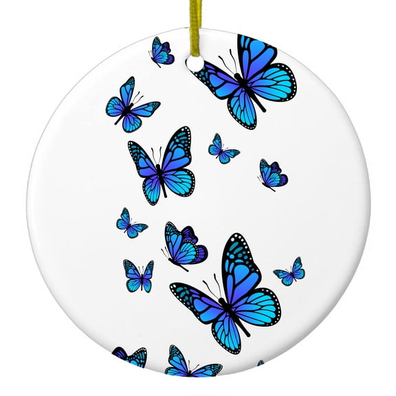 DistinctInk Hanging Ceramic Christmass Tree Ornament with Gold String - Great Gift / Present - 2 3/4 inch diameter - Blue Butterflies Butterfly